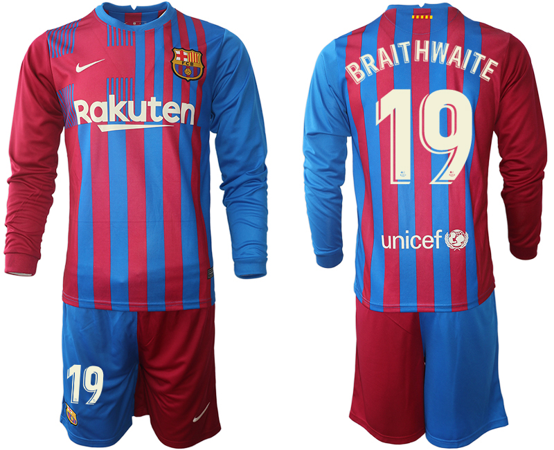 Men 2021-2022 Club Barcelona home red blue Long Sleeve #19 Nike Soccer Jersey->barcelona jersey->Soccer Club Jersey